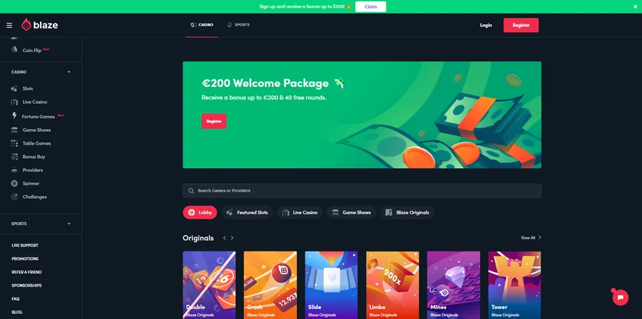 Blaze Casino homepage screenshot