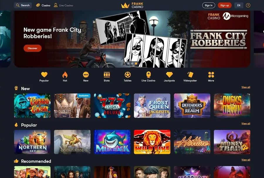 Frank Casino game lobby screenshot