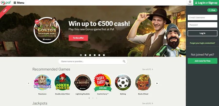 Paf Casino start page screenshot